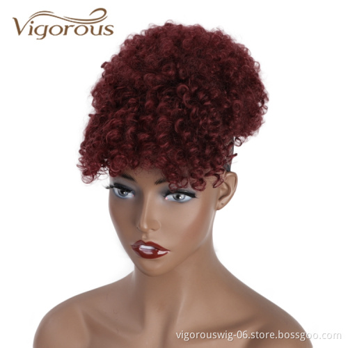 Vigorous Wholesale Cheap Kinky Curly Bang Ponytail Upo Hair Extensions Burgundy Chignon For Black Women Synthetic Afro Hair Bun